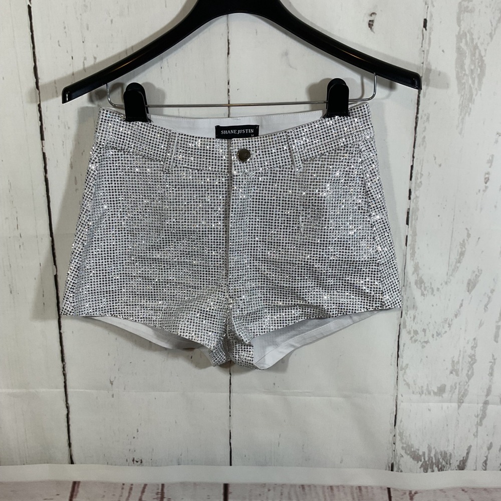 Shane Justin Rhinestone Dukes Booty Shorts Hot Pants M White Bling Rave Club Y2K